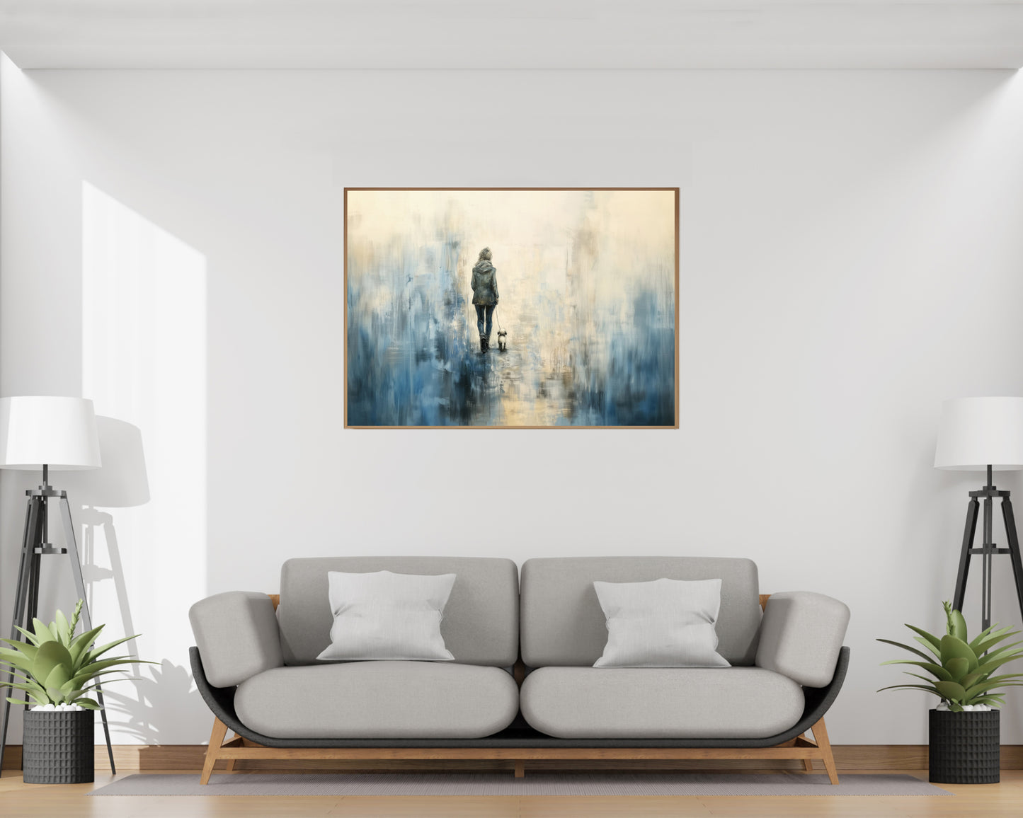 Usynlige bånd kunstverk hengende over en moderne sofa i stue med planter og lamper. – moderne veggkunst | KBentz.no