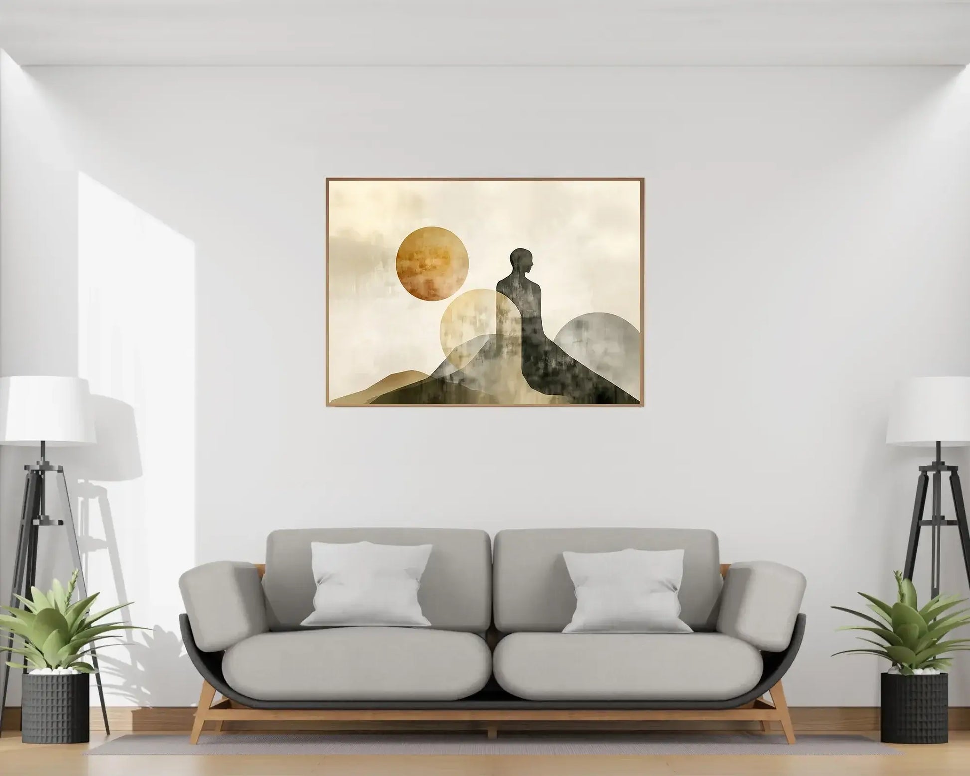 Vektløs komposisjon kunstverk i moderne stue med sofa og planter.