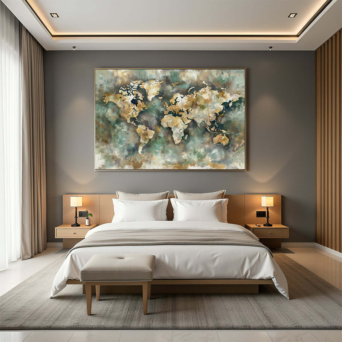 Verdenskart i kunstnerisk oljeuttrykk, perfekt for moderne soveromdekor.
