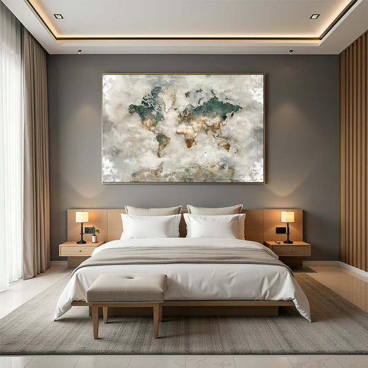 Stylish bedroom featuring a large Tåkeblå world map artwork, creating an elegant and serene atmosphere.