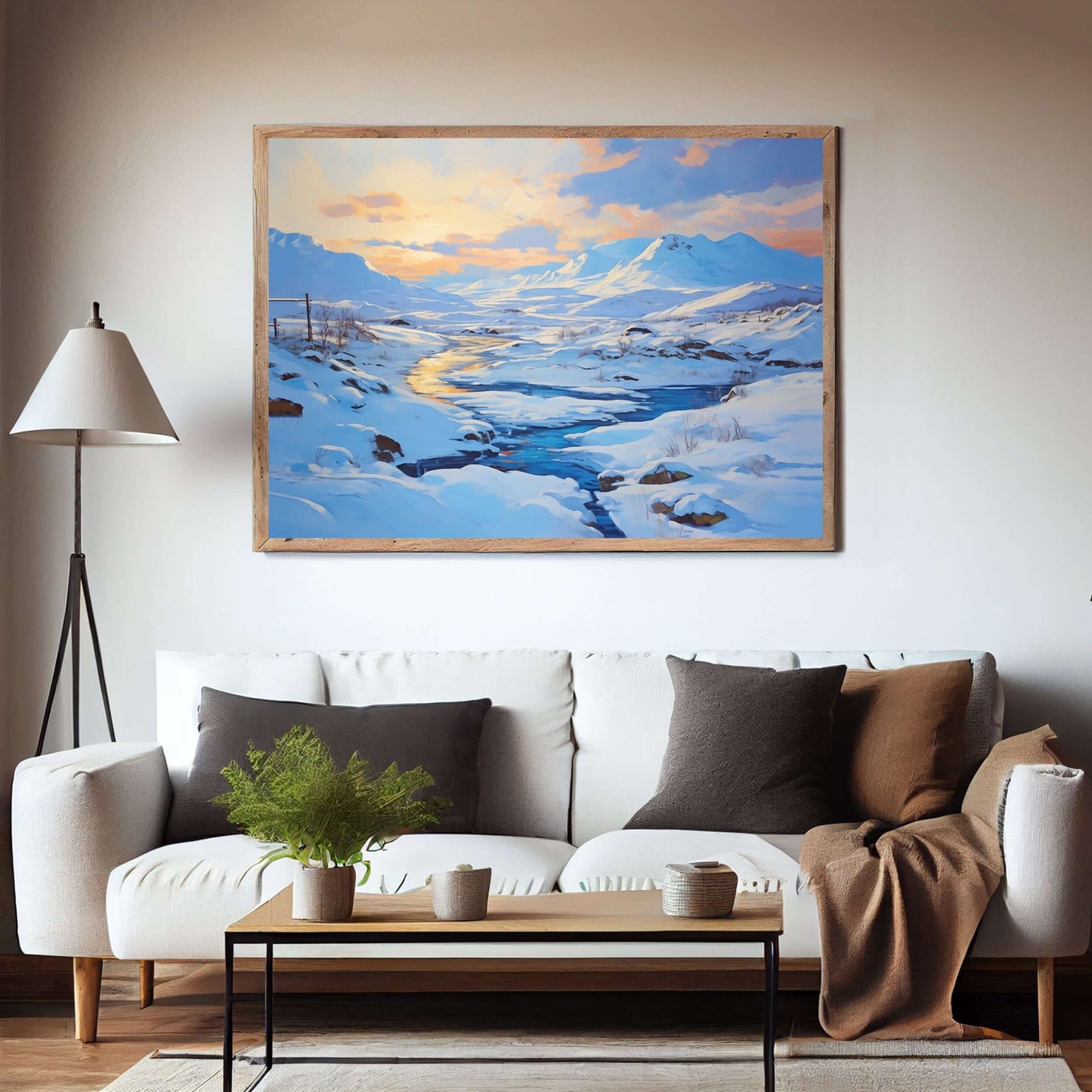 Vinterlys over Elven - moderne digitalt maleri med oljemalingstekstur. Trykkes på papir, lerret og akryl. KBentz.no