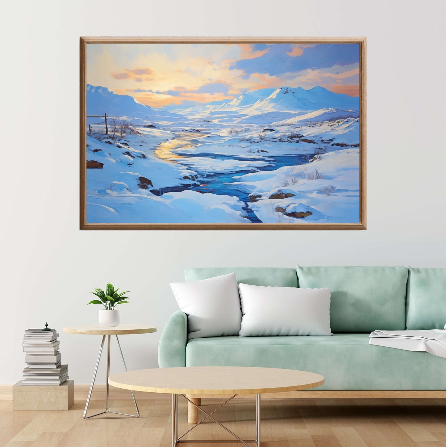 Vinterlys over Elven - moderne digitalt maleri med oljemalingstekstur. Trykkes på papir, lerret og akryl. KBentz.no