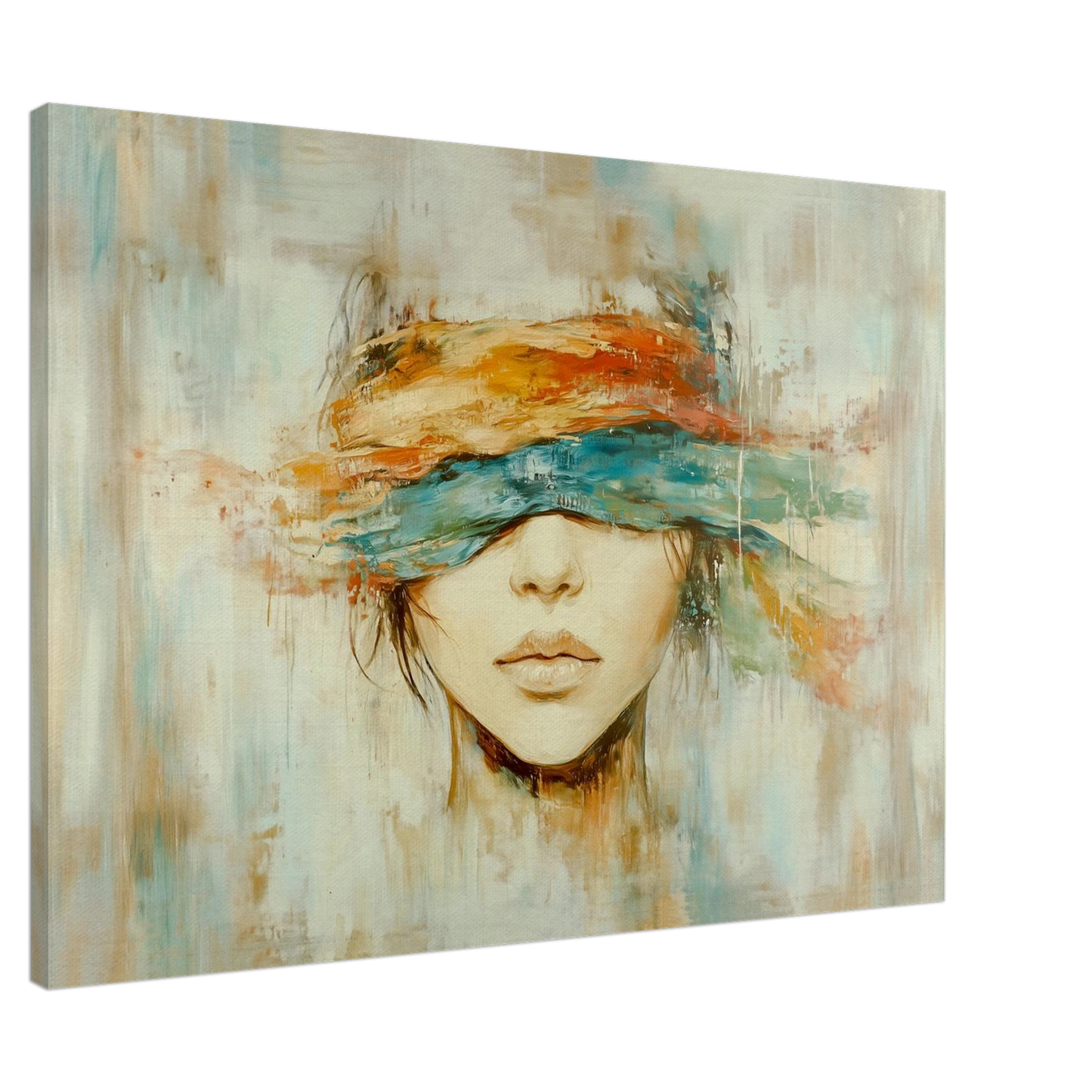 Blind for verden – kunstverk med fargerik blindfold på ansikt, som skaper dybde og stemning i ethvert rom.