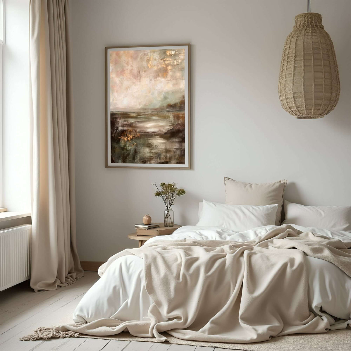 Morgendis, et lyst abstrakt veggbilde som gir rommet en rolig og elegant stemning.