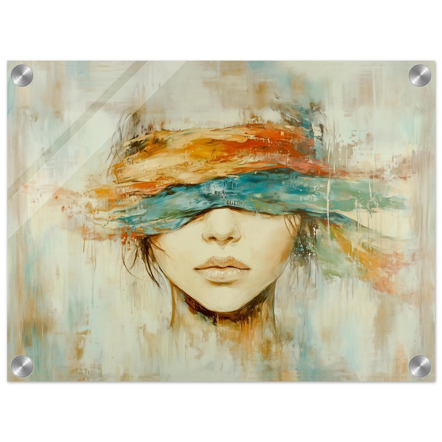 Blind for verden - kunstverk med en kvinne med fargerike bånd over øynene, laget med fokus på uttrykk og tekstur.