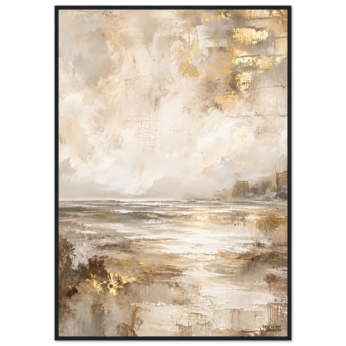 Sand og gull, abstrakt veggbilde med varme beige toner og gylne detaljer, inspirert av naturens ro.