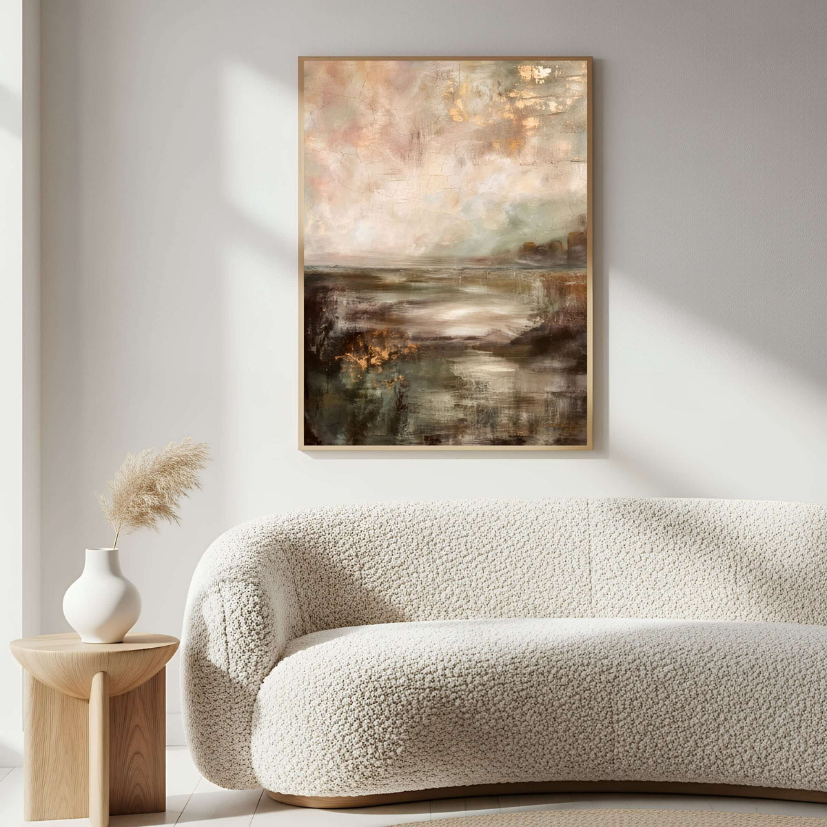 Morgendis veggbilde med myke beige og blånyanser, plassert i stue med moderne interiør. – moderne veggkunst | KBentz.no