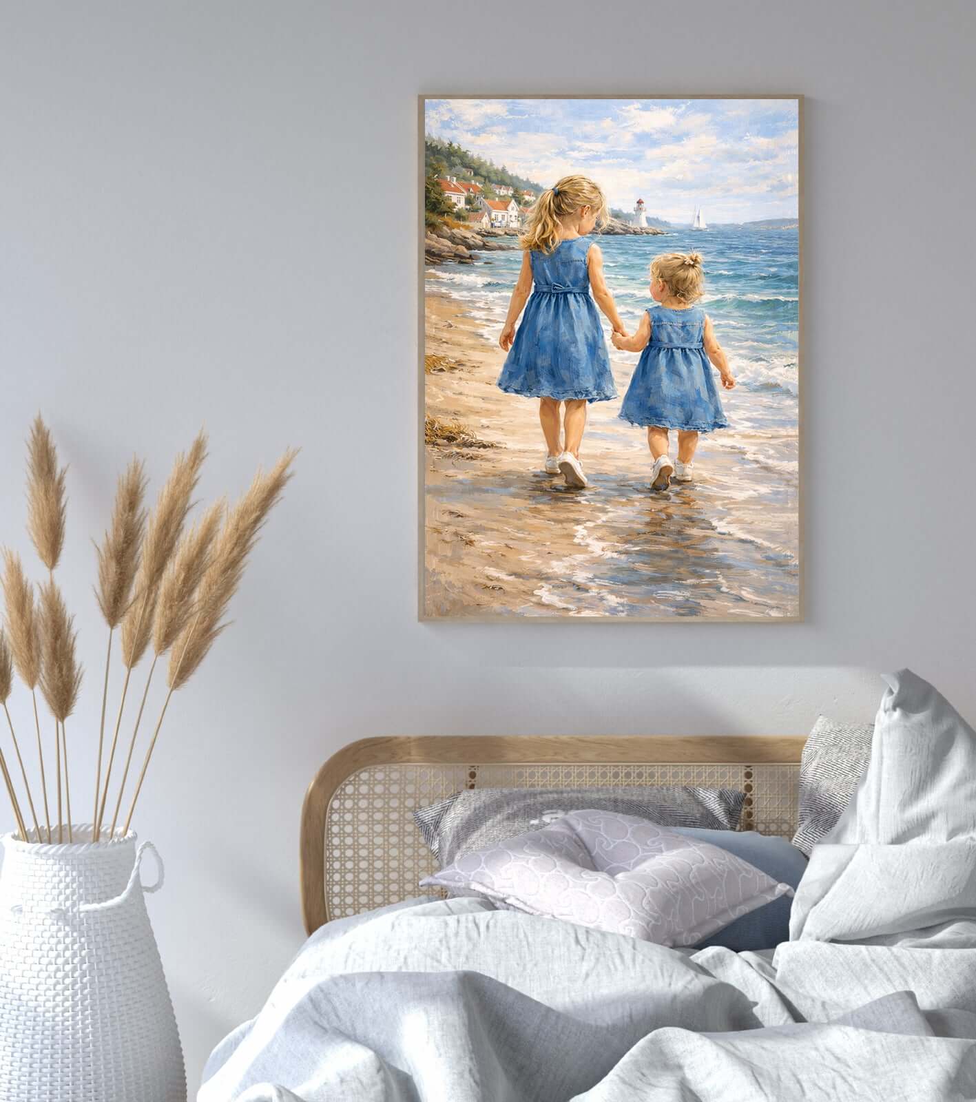 Sørlandsidyll – to jenter hånd i hånd langs stranden i et lyst og harmonisk motiv inspirert av norskekysten. – moderne veggkunst | KBentz.no