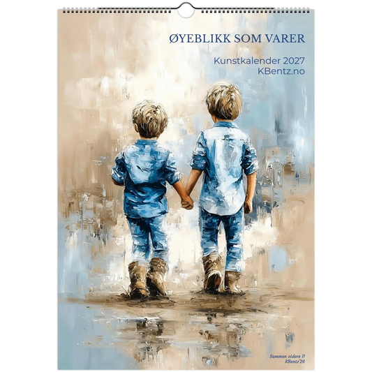 Øyeblikk som varer kunstkalender 2027 med motiv av to barn som holder hender.