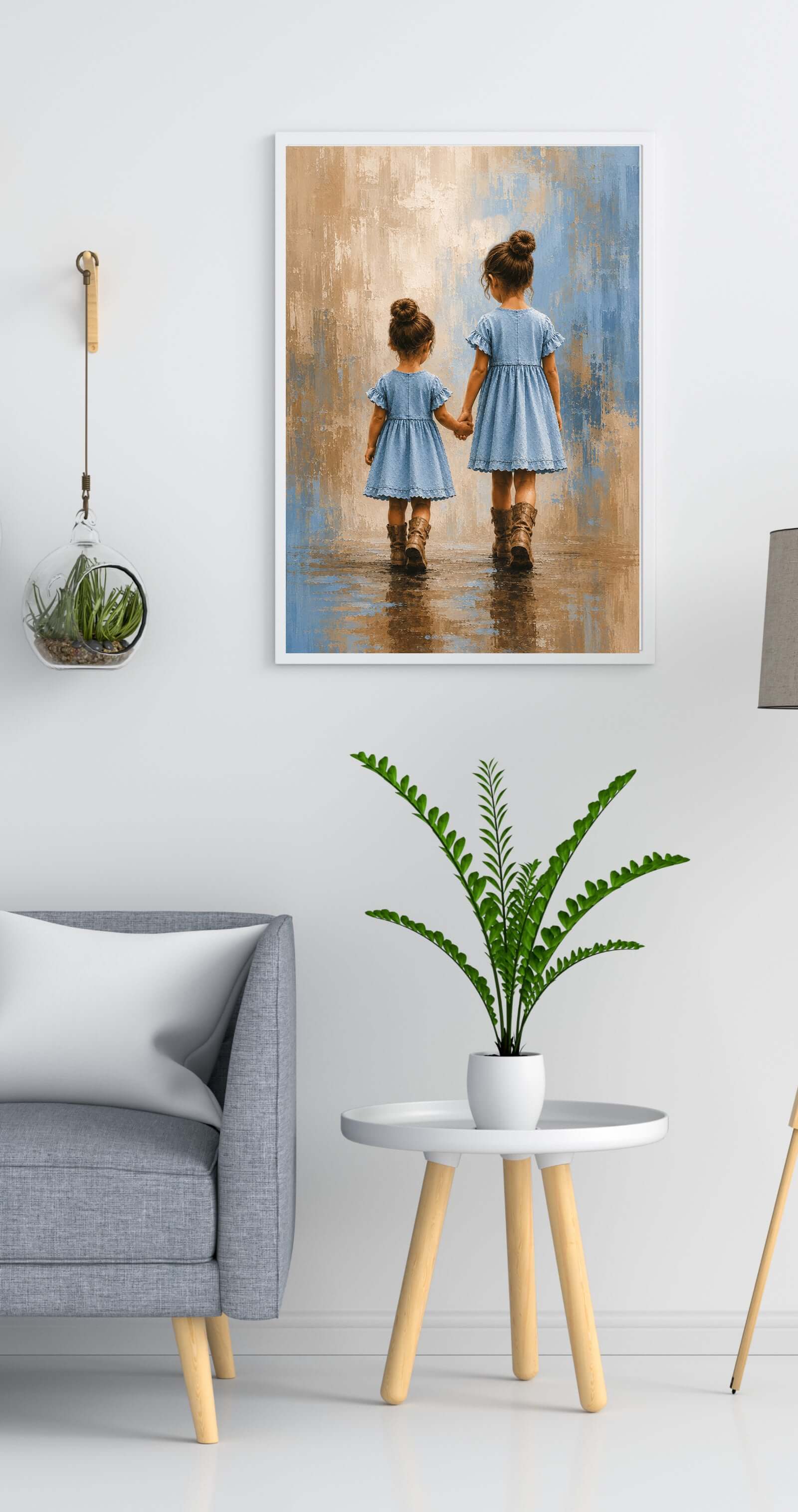 Storesøsters trygge hånd – to søstre hånd i hånd i et varmt og harmonisk motiv med myke blåtoner og følelse av trygghet.