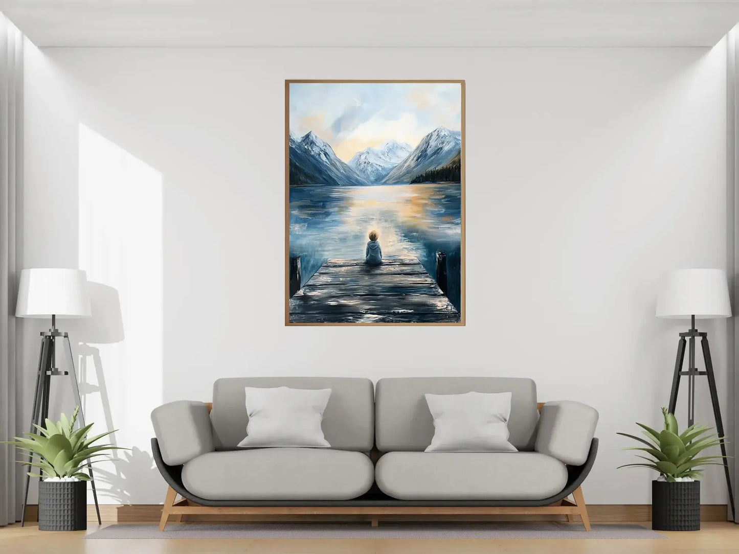 En liten pause maleri av en liten gutt som sitter ved vannet, og skaper en rolig atmosfære i stuen. – moderne veggkunst | KBentz.no