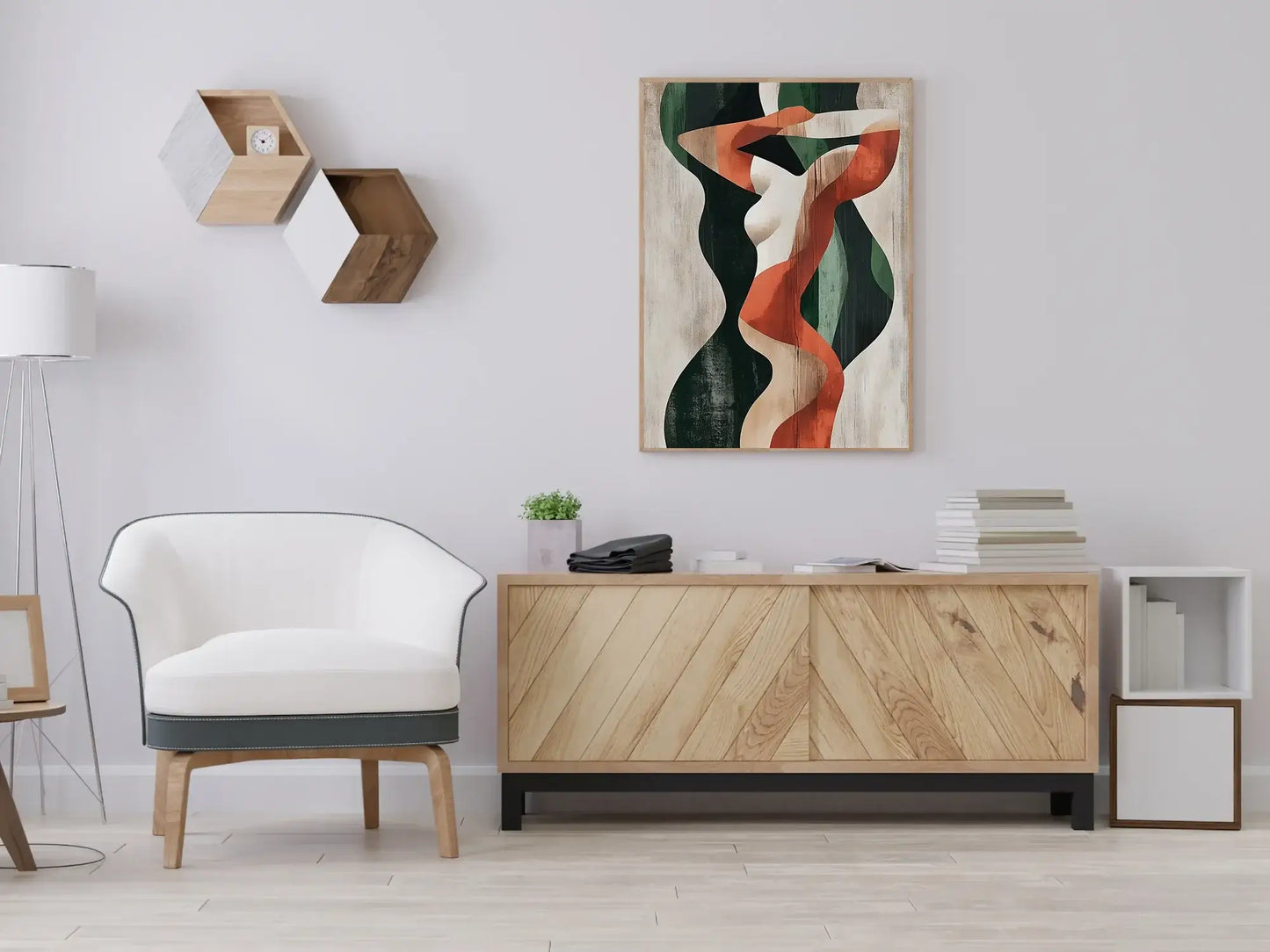 Moderne interiør med kunstverket 'Former i balanse' som gir rommet et elegant og harmonisk uttrykk. – moderne veggkunst | KBentz.no