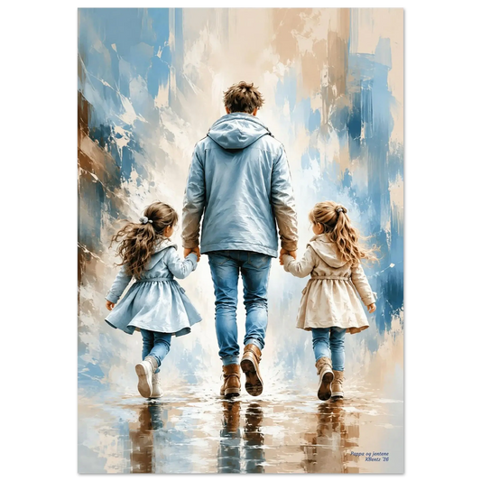 Pappa og jentene - et vakkert AI-veggbilde av en far og hans to døtre som holder hender.
