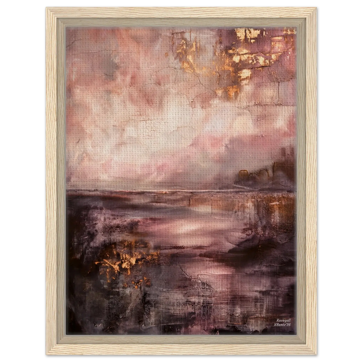 Kunstverk Rosegull med myke rosatoner, kobber og gull i et drømmende landskap. – moderne veggkunst | KBentz.no