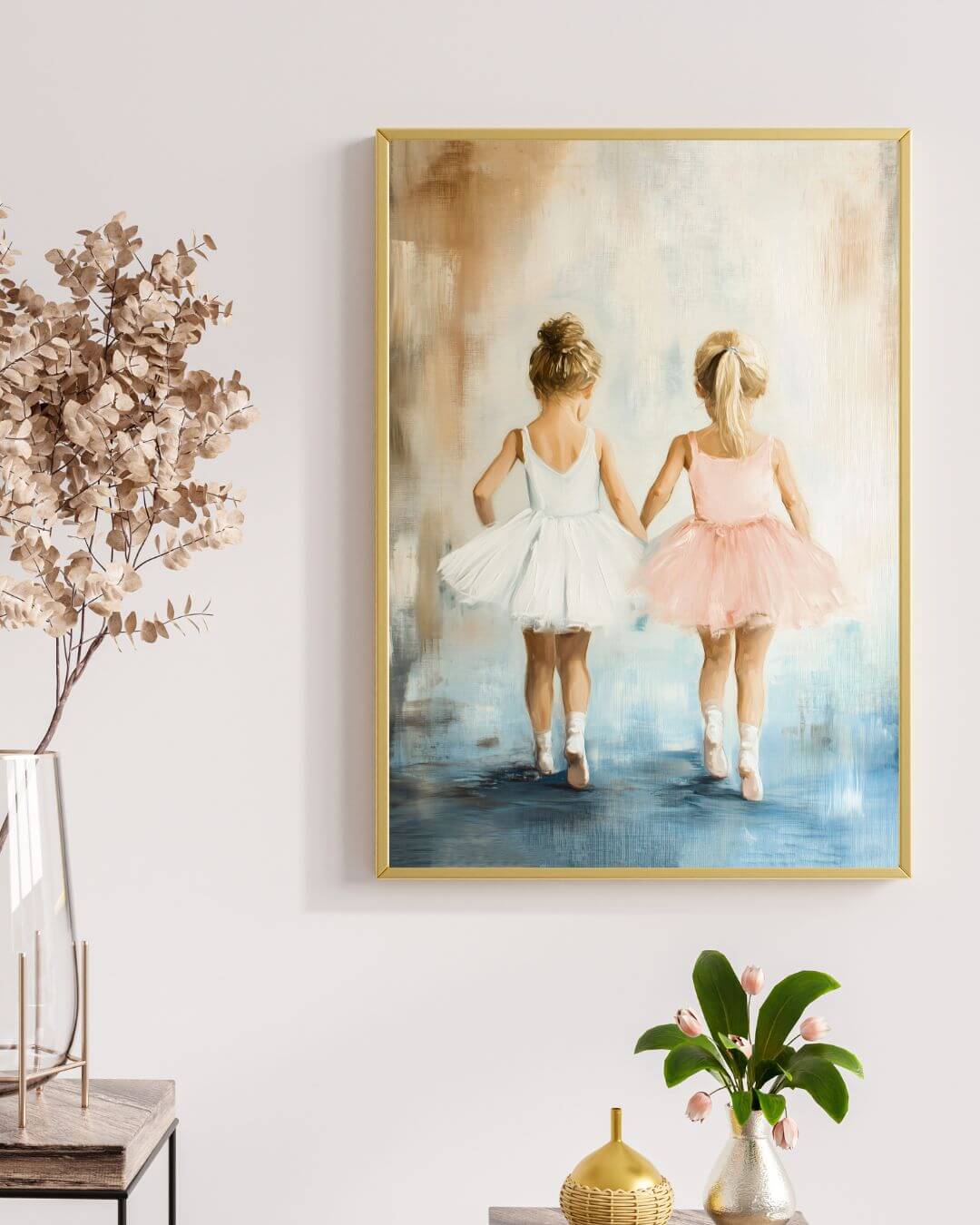 Ballerina og bestevenn - to små ballerinaer i hvitt og rosa holding hender, moderne digitalt maleri. – moderne veggkunst | KBentz.no