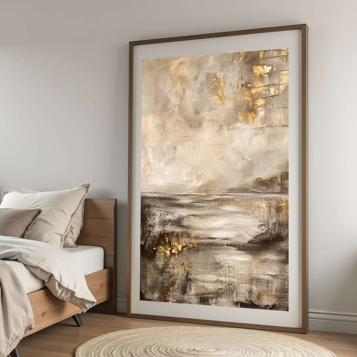 Gylden stillhet, et elegant veggbilde med beige og gulltoner, i et moderne interiørmiljø. – moderne veggkunst | KBentz.no