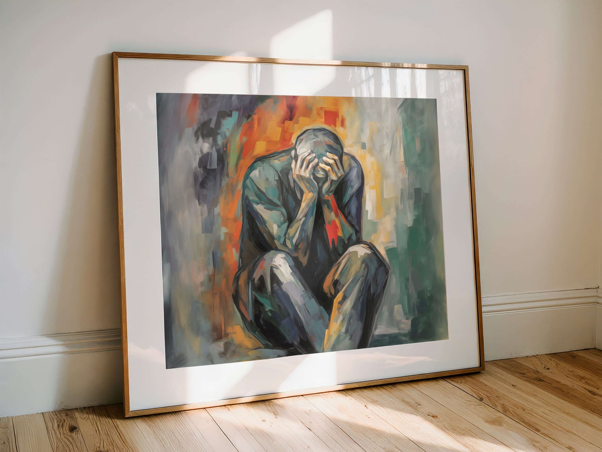 Stille sammenbrudd, et uttrykksfullt kunstverk som skildrer sårbarhet og indre kamp, med sterke farger.