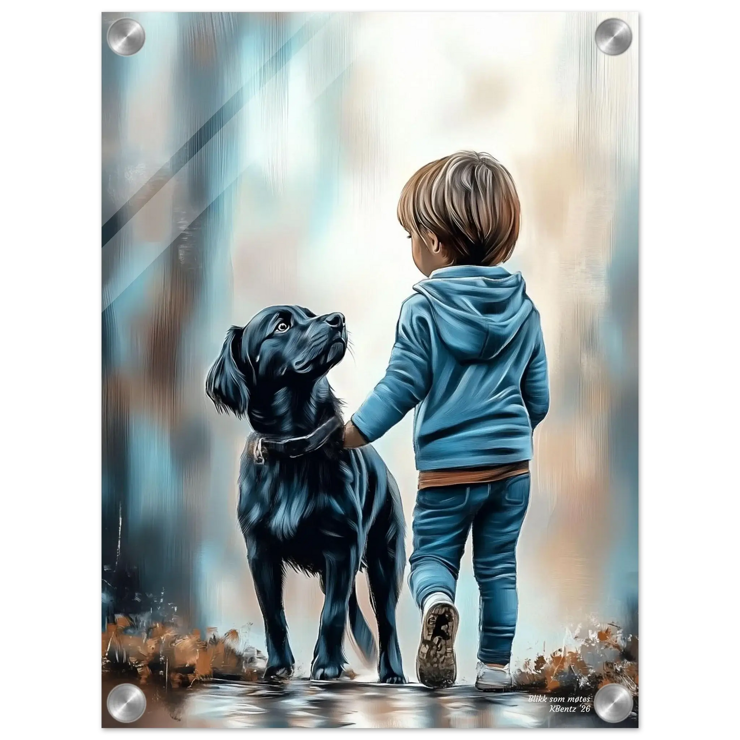 Blikk som møtes - digitalt maleri av barn som møter blikket til en hund, med varme oljemalingsteksturer. – moderne veggkunst | KBentz.no