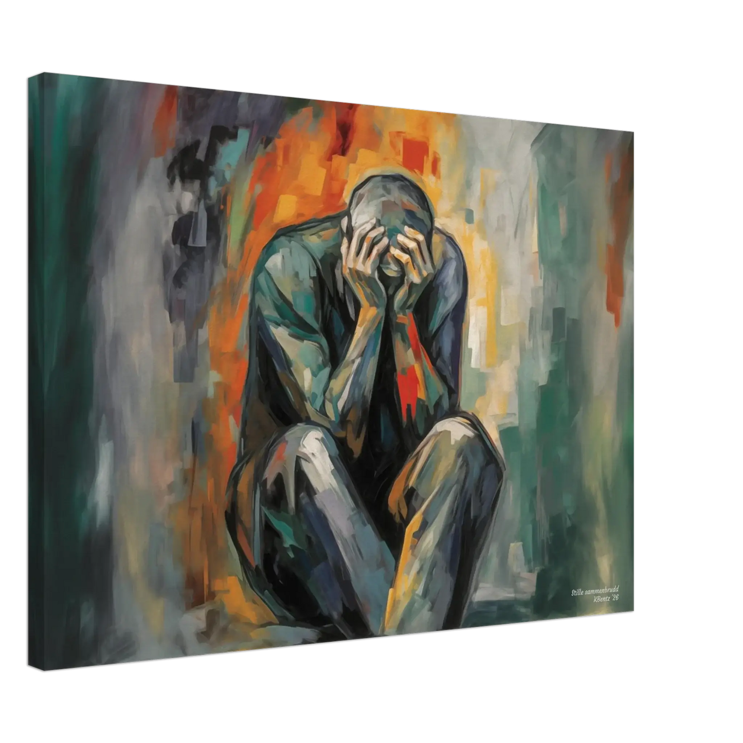 Stille sammenbrudd, et kunstverk med sterke kontraster som uttrykker sårbarhet og utmattelse. – moderne veggkunst | KBentz.no