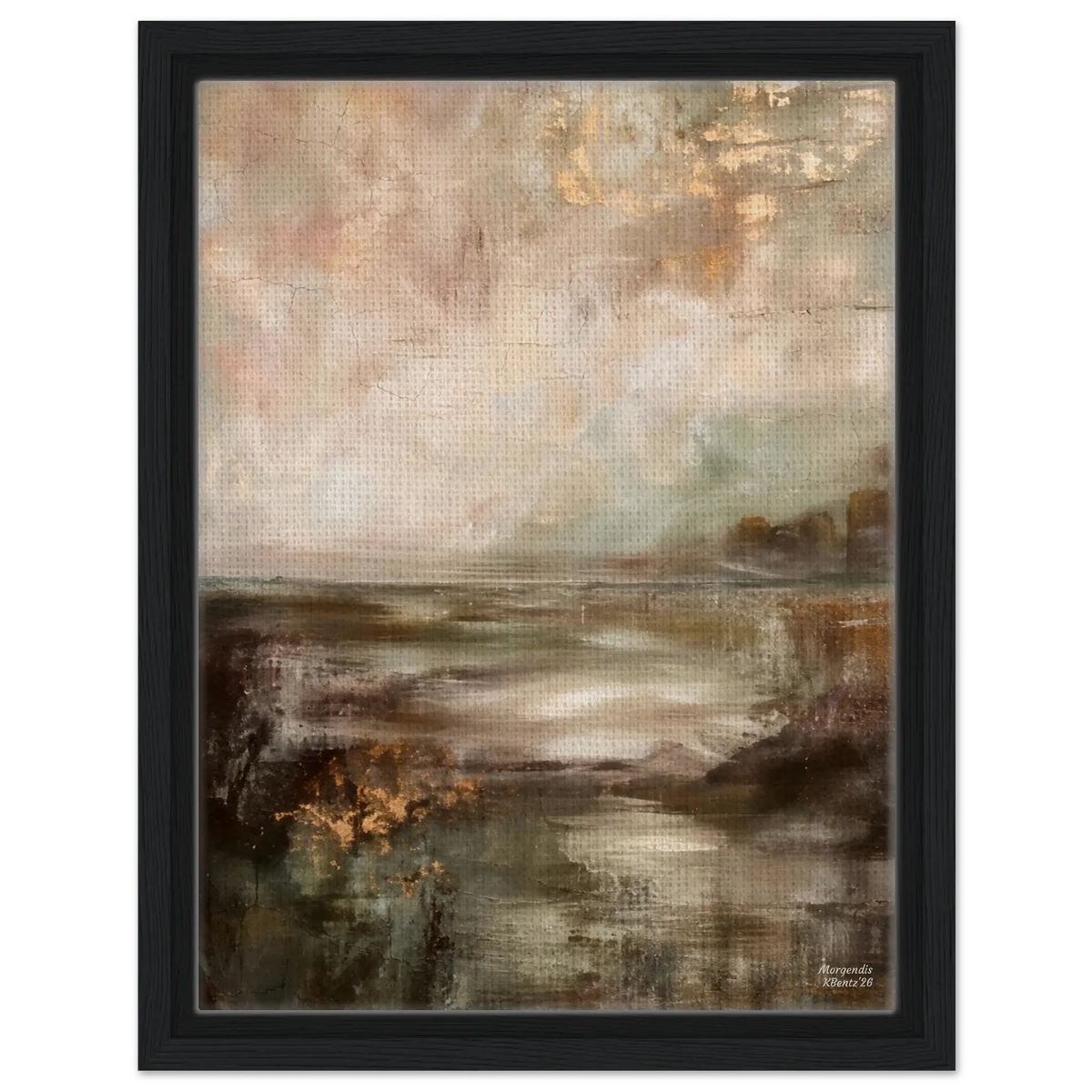 Morgendis, et abstrakt veggbilde med beige, sand og blå nyanser, og detaljer som skaper dybde og stille atmosfære. – moderne veggkunst | KBentz.no