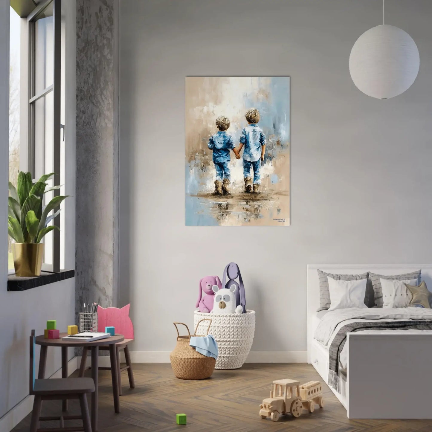 Sammen videre II - digitalt maleri av to barn som holder hender, moderne og harmonisk interiørkunst. – moderne veggkunst | KBentz.no