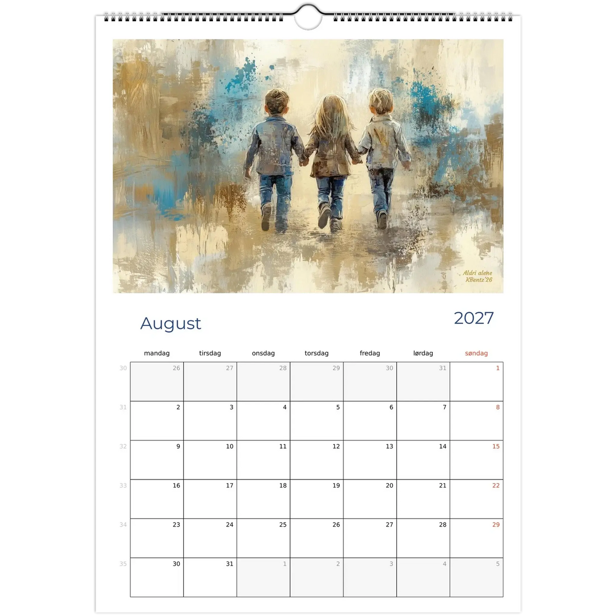 Øyeblikk som varer kunstkalender 2027, august måned med tre barn som holder hender.
