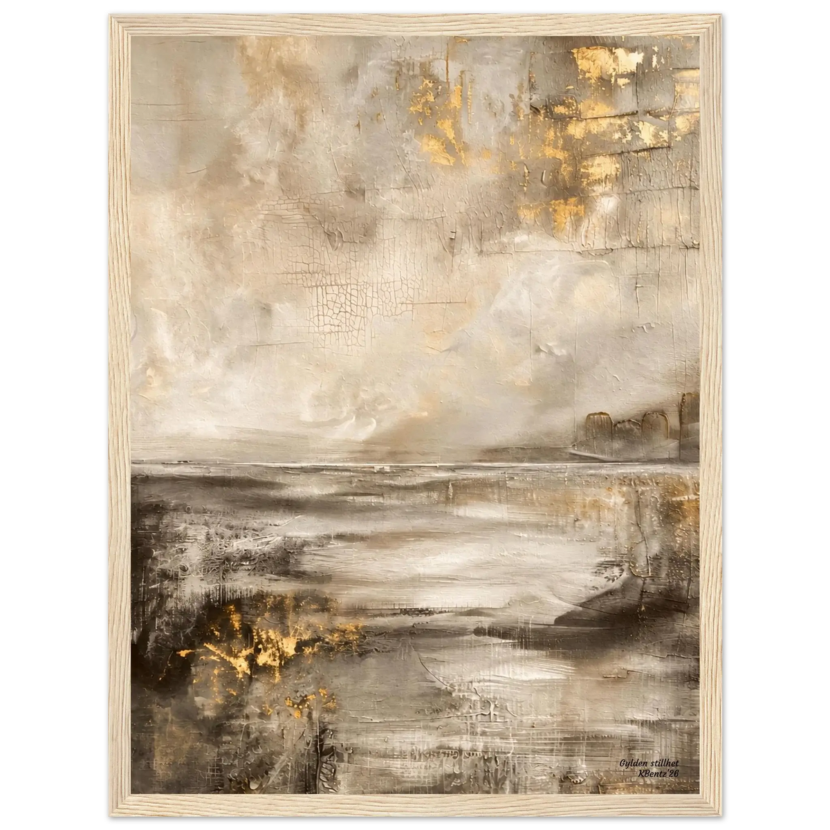 Gylden stillhet, et elegant abstrakt veggbilde med beige, sandtoner og varme gullnyanser.