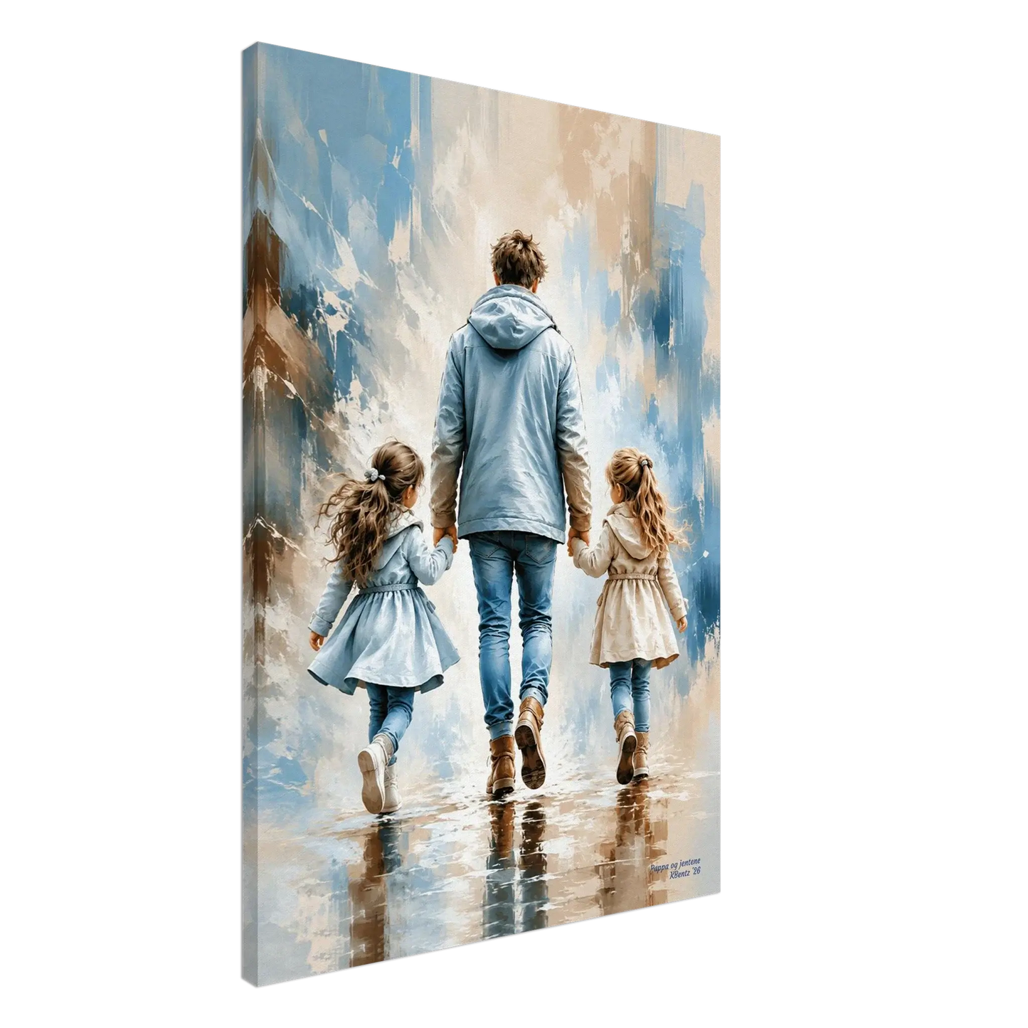 Pappa og jentene, AI-veggbilde av en far og to døtre som holder hender og går sammen. – moderne veggkunst | KBentz.no