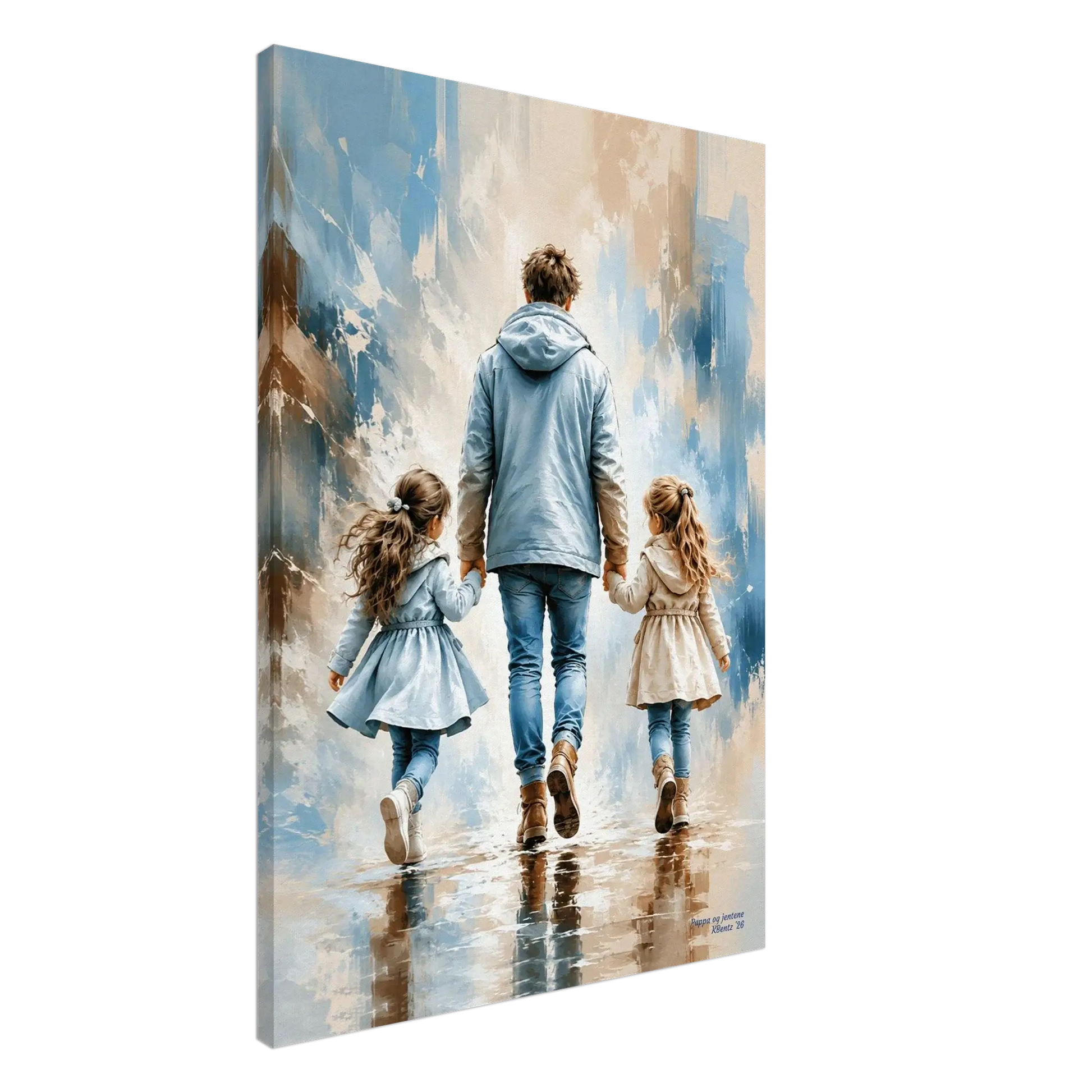 Pappa og jentene, AI-veggbilde av en far og to døtre som holder hender og går sammen.