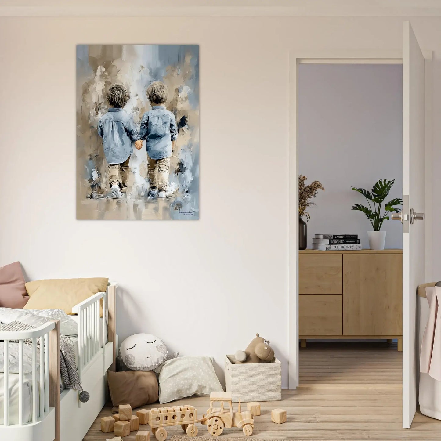 Sammen videre I - digitalt maleri av to barn som går side om side, symboliserer fellesskap og støtte, moderne interiør. – moderne veggkunst | KBentz.no