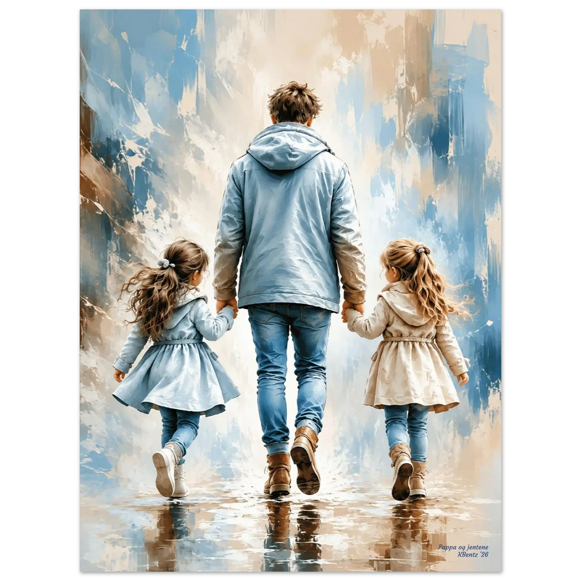 Pappa og jentene - AI-veggbilde som viser en far med sine to døtre hånd i hånd.