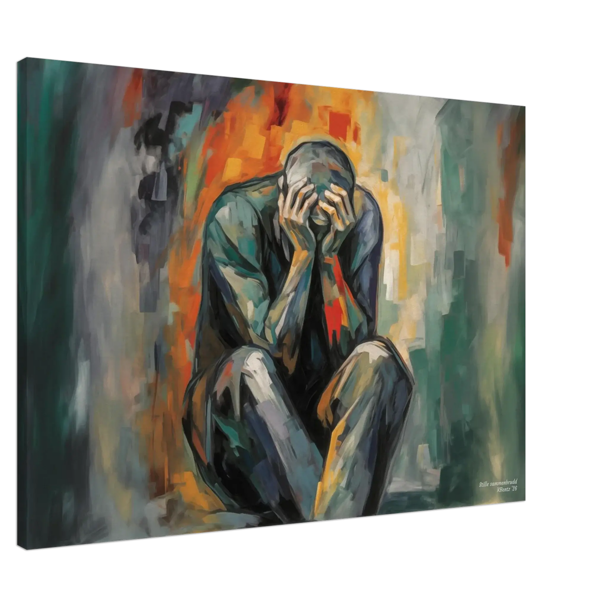 Kunstverk av Stille sammenbrudd som viser en mann som uttrykker følelser av sårbarhet og utmattelse.