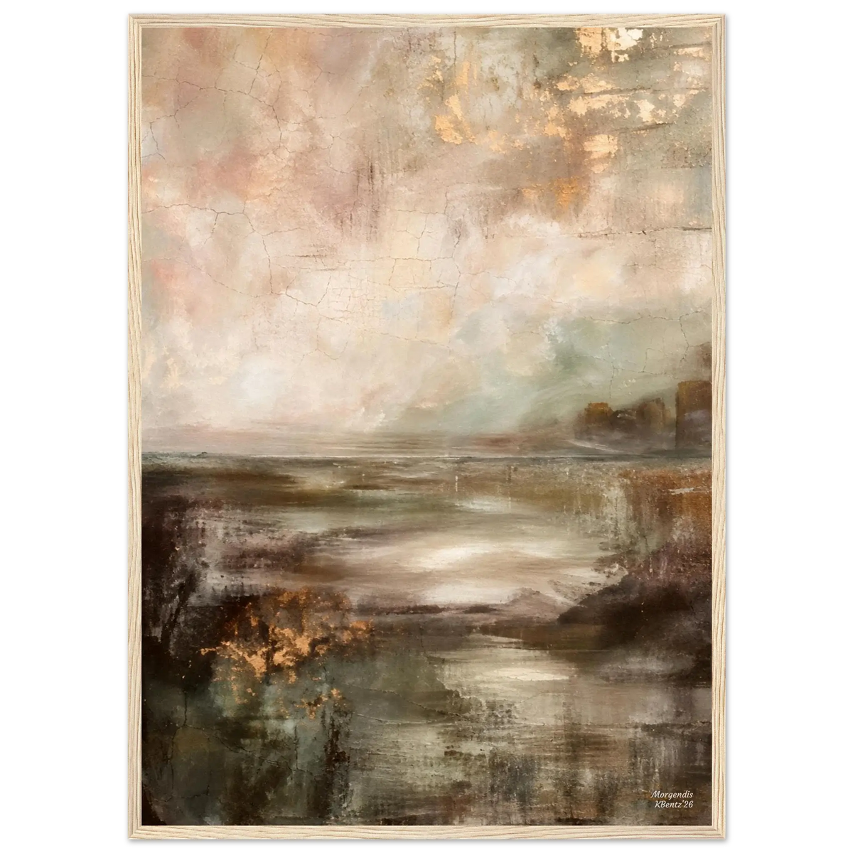 Morgendis, et lyst og stemningsfullt, abstrakt veggbilde med beige, sandtoner og blånyanser.
