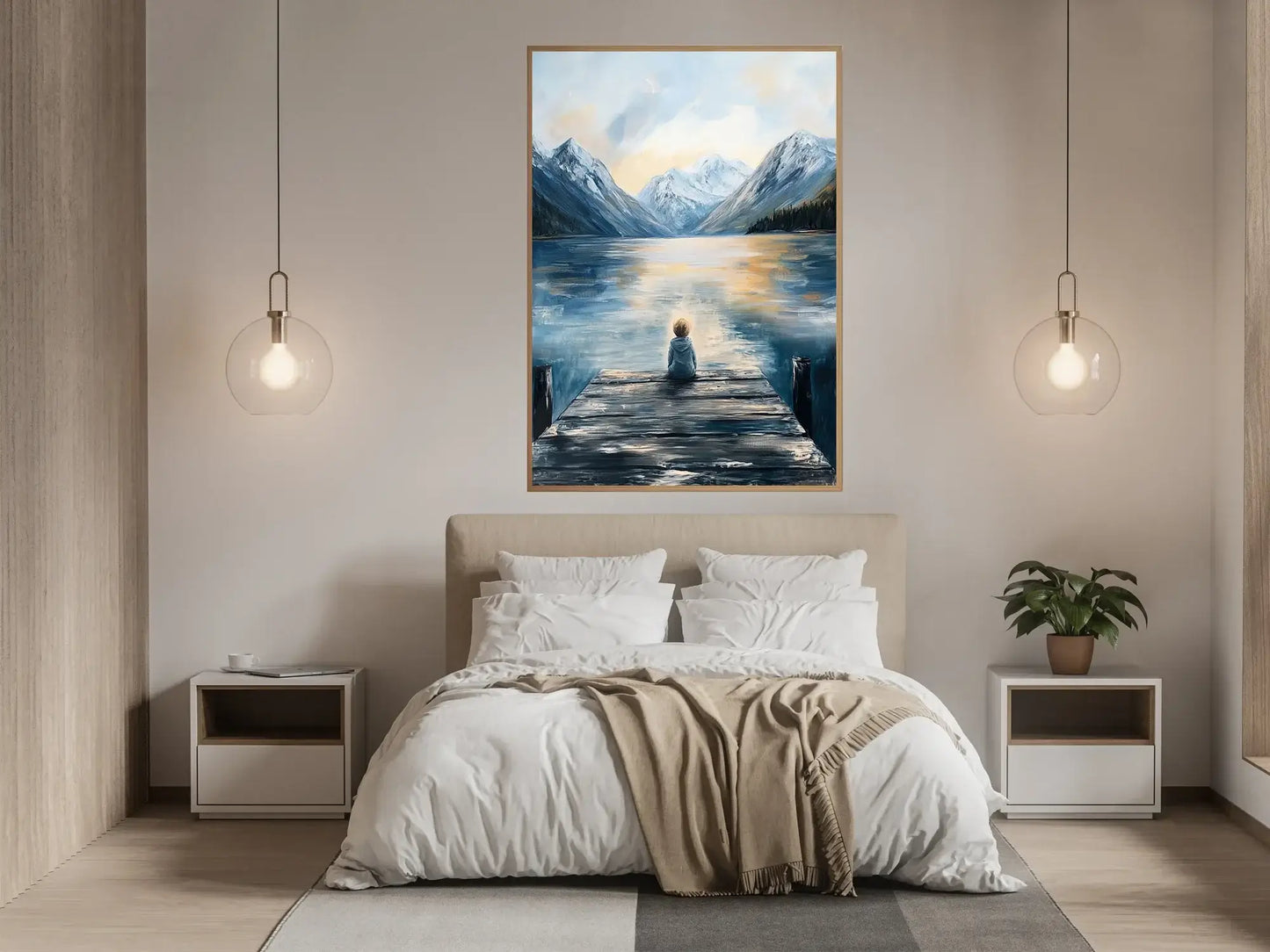 En liten pause - maleri av en gutt som sitter ved vannet med fjell i bakgrunnen, som formidler stillhet og ro. – moderne veggkunst | KBentz.no