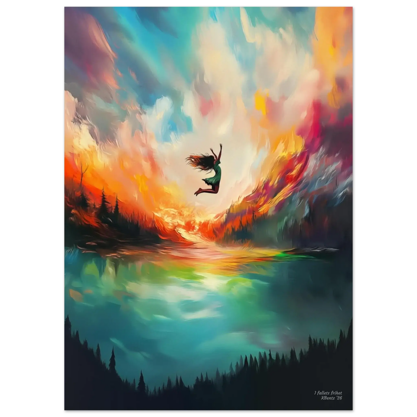 Digital painting of a surfer jumping into vibrant waves of light and color in "I fallets frihet". – moderne veggkunst | KBentz.no