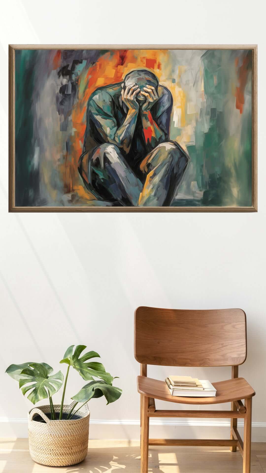 Stille sammenbrudd kunstverk som uttrykker sårbarhet og utmattelse med kontraster mellom oransje og grønne toner. – moderne veggkunst | KBentz.no