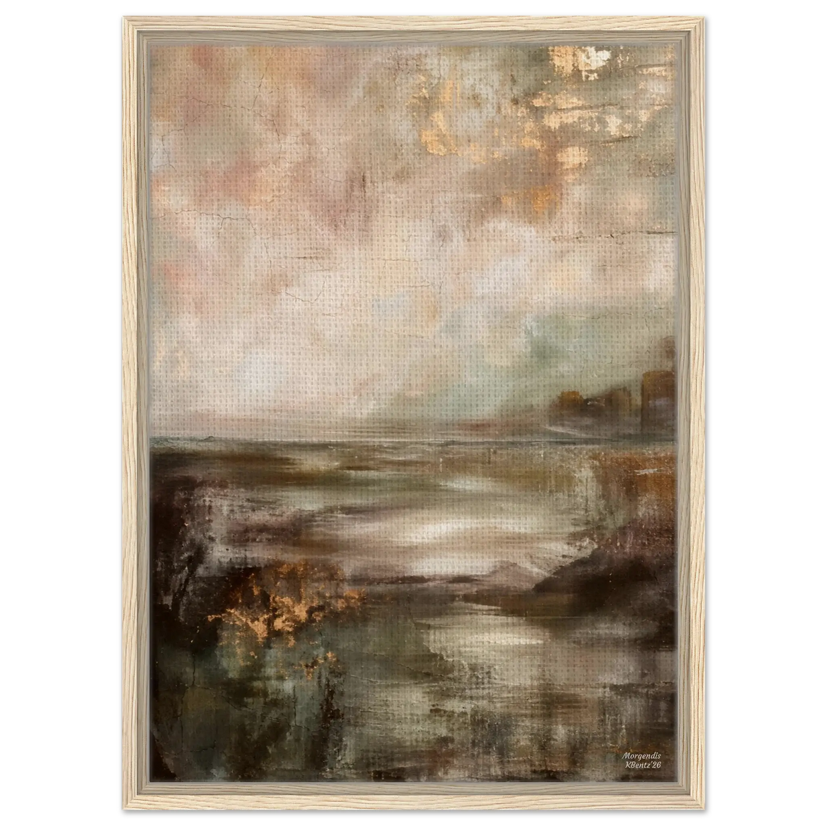Morgendis: abstrakt veggbilde med beige, blå og grønne nyanser, inspirert av stillhet og dybde. – moderne veggkunst | KBentz.no