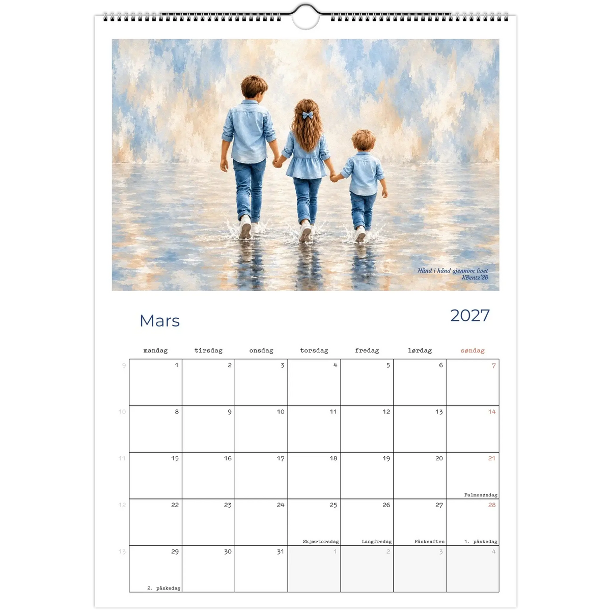 Øyeblikk som varer kunstkalender 2027, Mars måned med barn som holder hender i kunstverk.