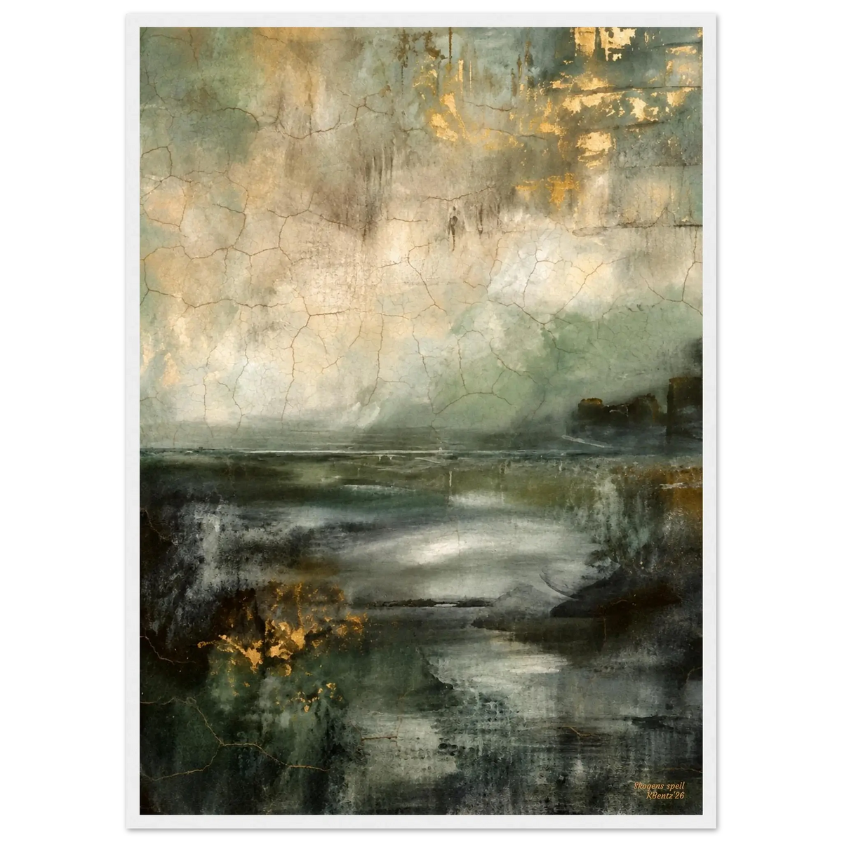 Skogens speil, et abstrakt veggbilde med skoggrønne toner og gylne detaljer that creates depth and elegance. – moderne veggkunst | KBentz.no