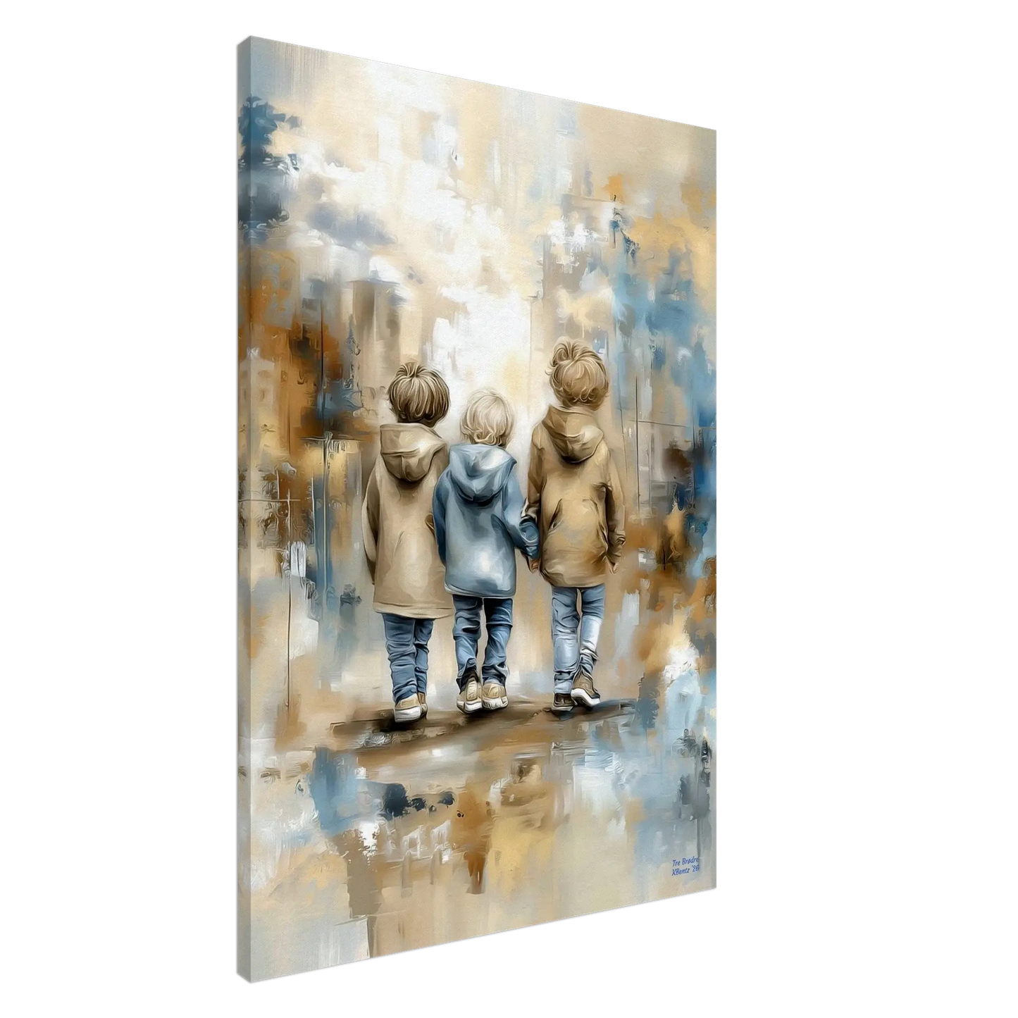 Tre Brødre - en kunstmotiv av tre små gutter i beige og blå toner som skildrer samhold. – moderne veggkunst | KBentz.no