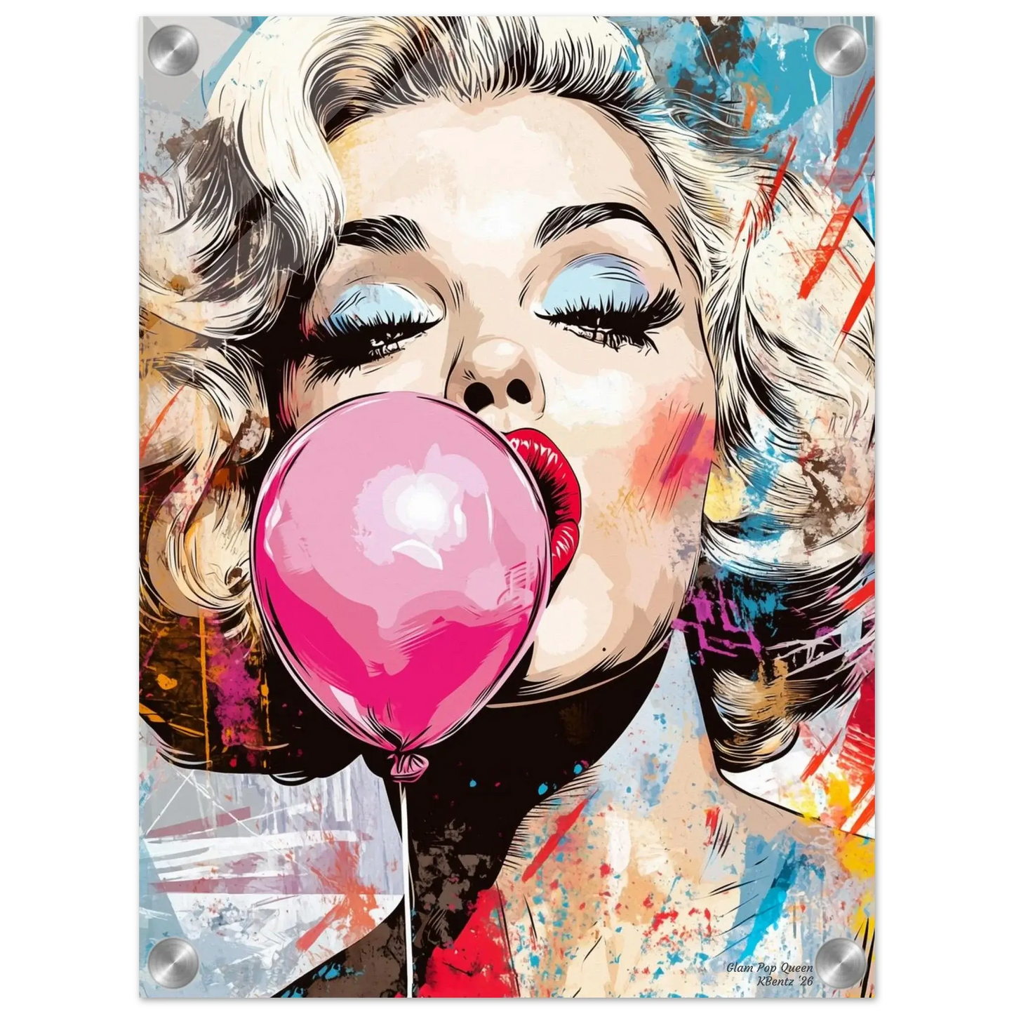 Glam Pop Queen - moderne digitalt maleri med oljemalingstekstur. Trykkes på papir, lerret og akryl. KBentz.no