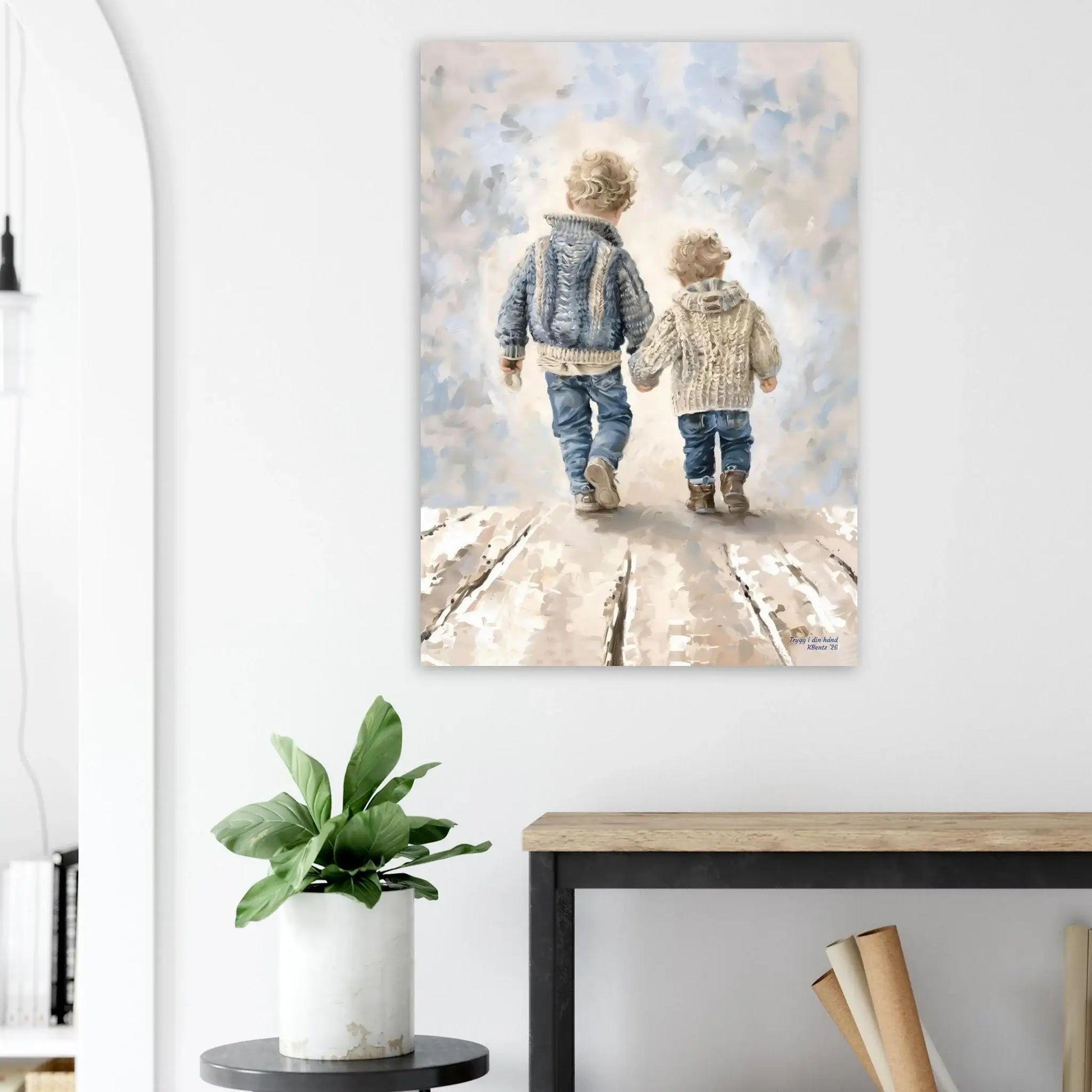 Trygg i din hånd, et maleri av to barn som går sammen, symboliserer kjærlighet og nærhet.