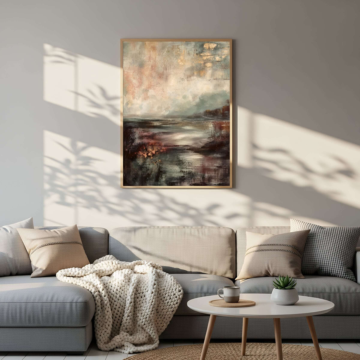 En streif av høst, et abstrakt veggbilde i dempede farger, henger over en koselig sofa i stue.