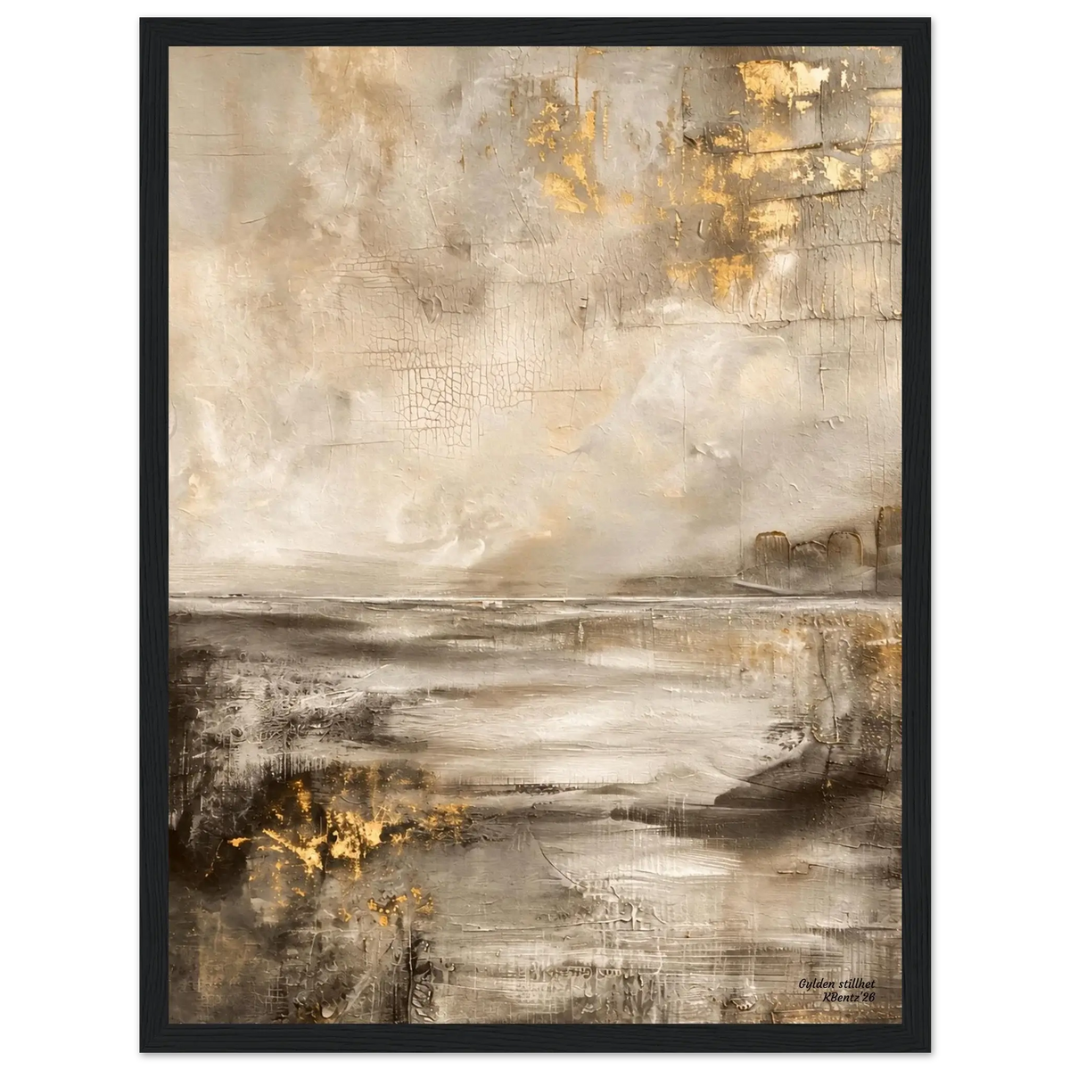 Gylden stillhet, et elegant veggbilde med beige, sandtoner og gylne detaljer for et harmonisk uttrykk.