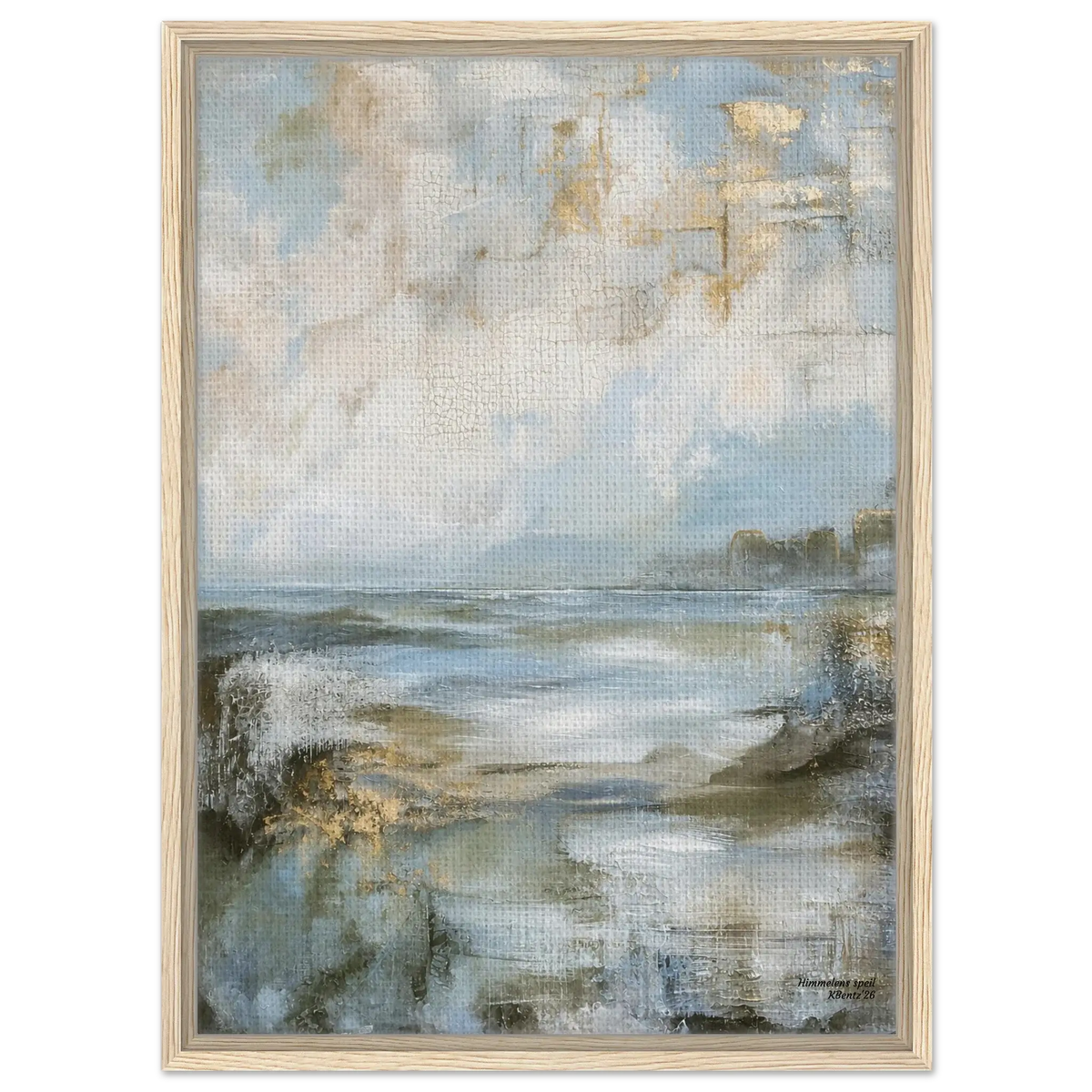 Himmelens speil, abstrakt veggbilde med duse blåtoner og beige i fredelig romantisk landskap. – moderne veggkunst | KBentz.no