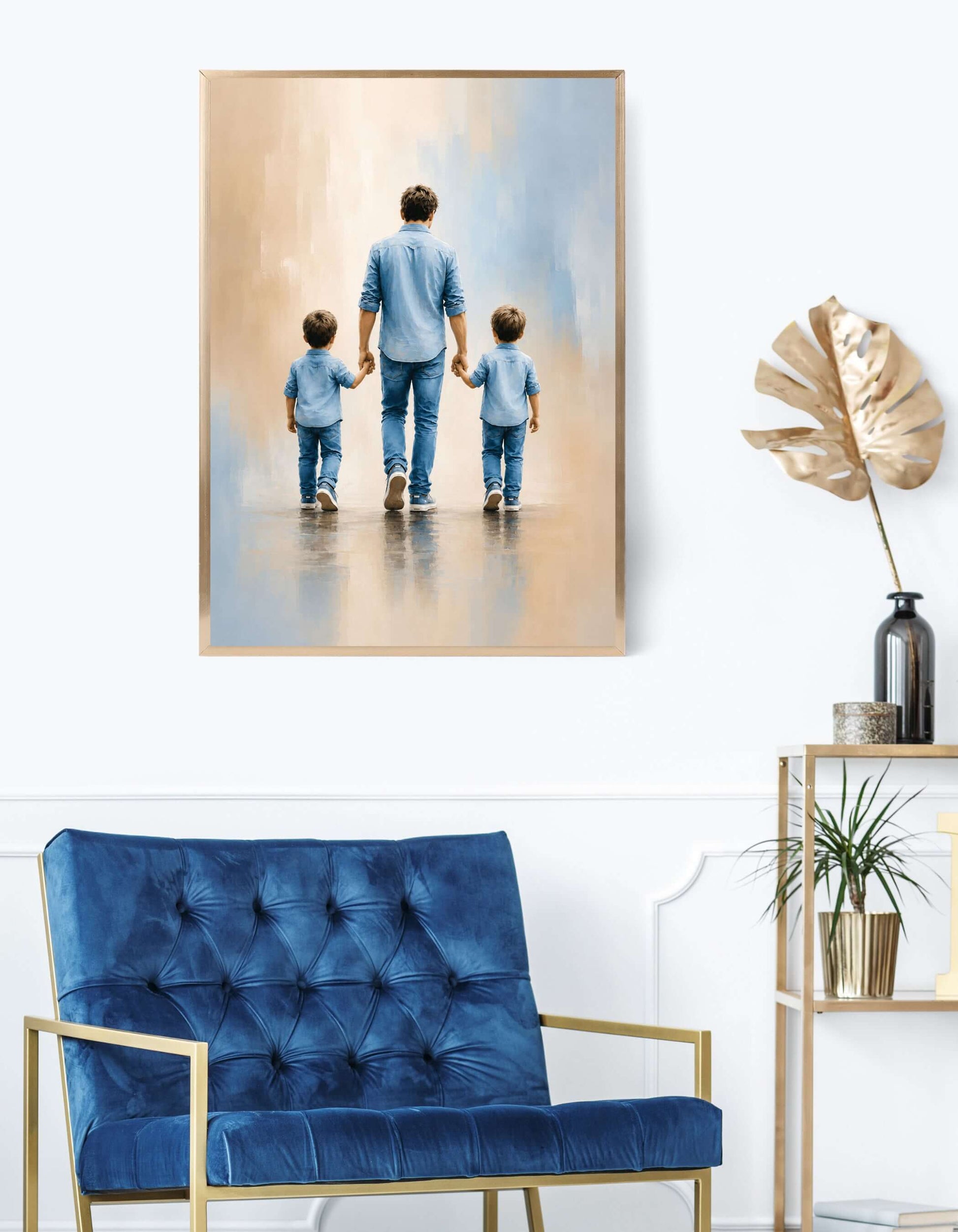 Pappas to gutter - AI-veggbilde av en far med to sønner som går sammen, symboliserer sterke familie bånd.