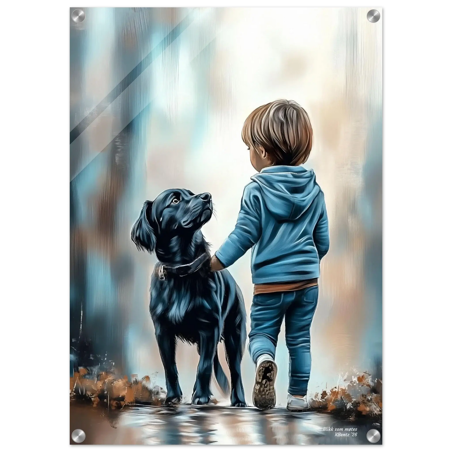 Blikk som møtes - Digitalt maleri som viser barn og hund i et øyeblikk av trygghet og vennskap. – moderne veggkunst | KBentz.no