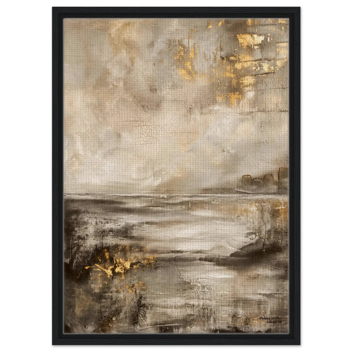Gylden stillhet, elegant abstrakt veggbilde i beige, sandtoner og gyldne detaljer, tidløst kunstverk. – moderne veggkunst | KBentz.no