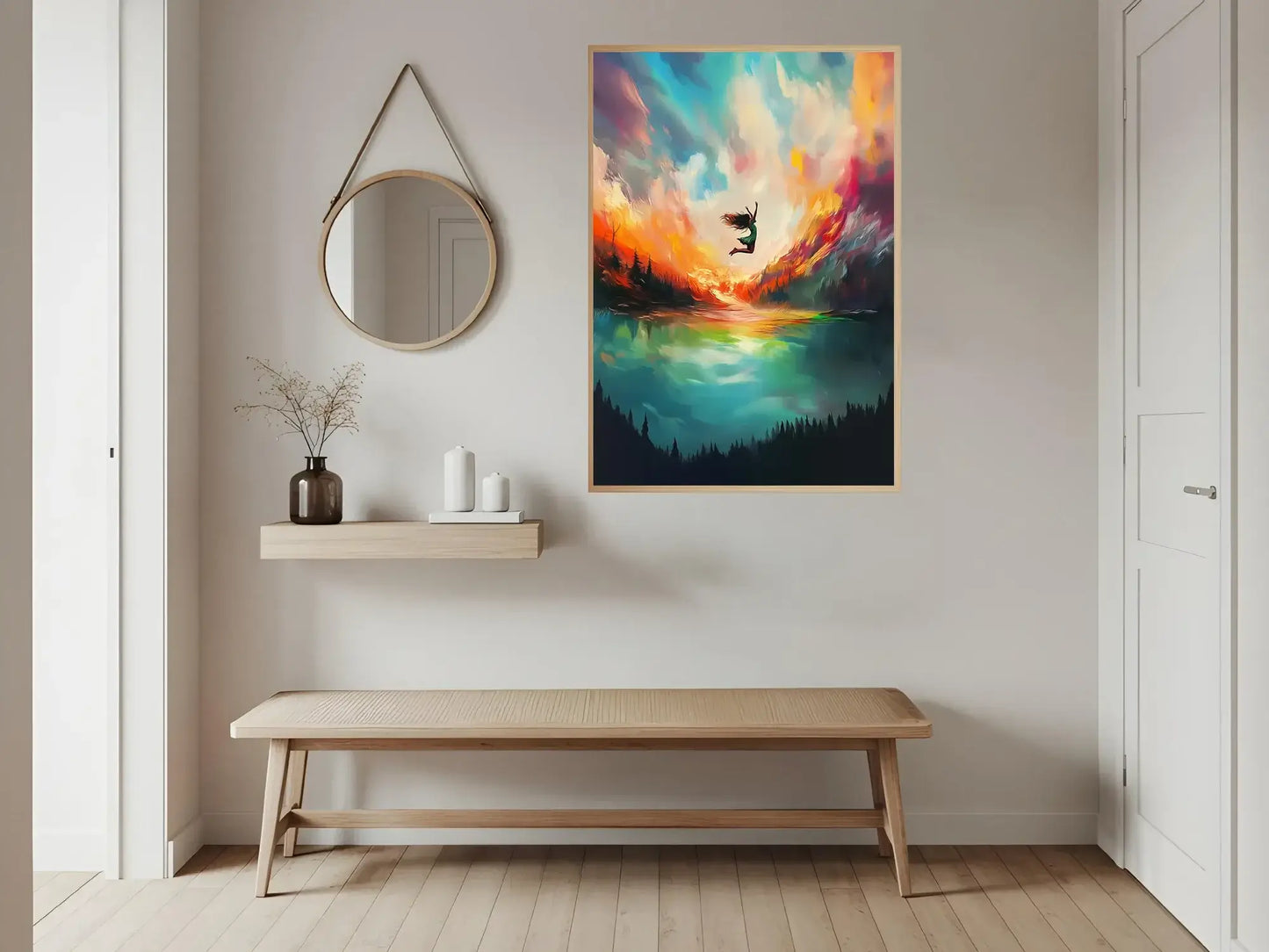 I fallets frihet, digitalt maleri av en surfer i en bølge av lys og farger, elegant interiørdesign – moderne veggkunst | KBentz.no
