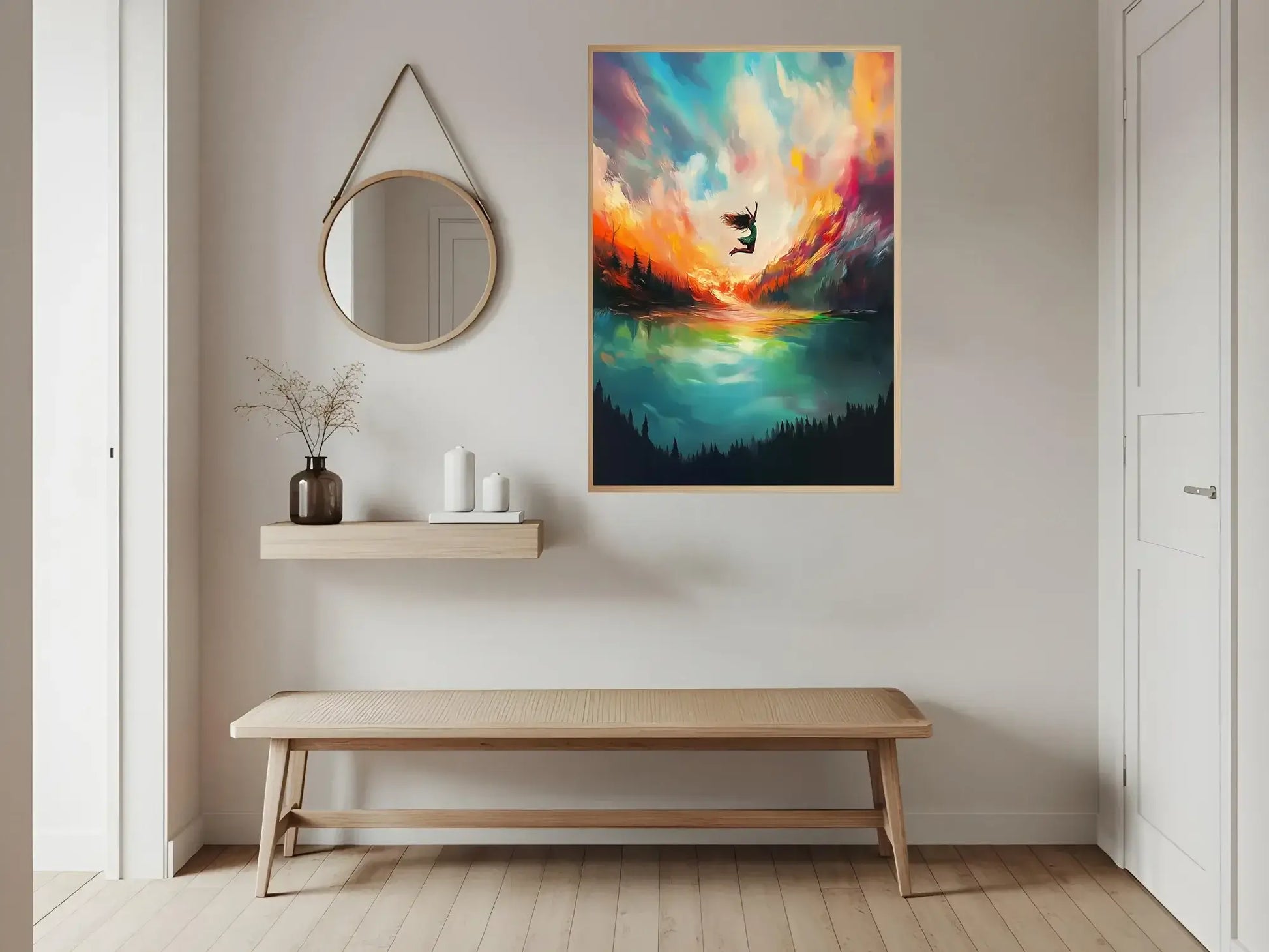 I fallets frihet, digitalt maleri av en surfer i en bølge av lys og farger, elegant interiørdesign